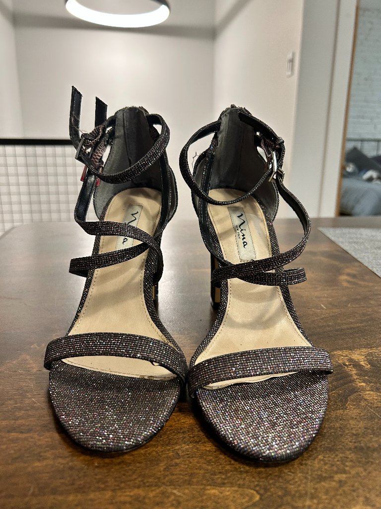 Nina Shari Criss-Cross Block Heels In Iridescent